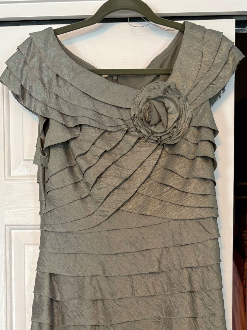 Elegant Metallic Tiered Rosette Cocktail Dress